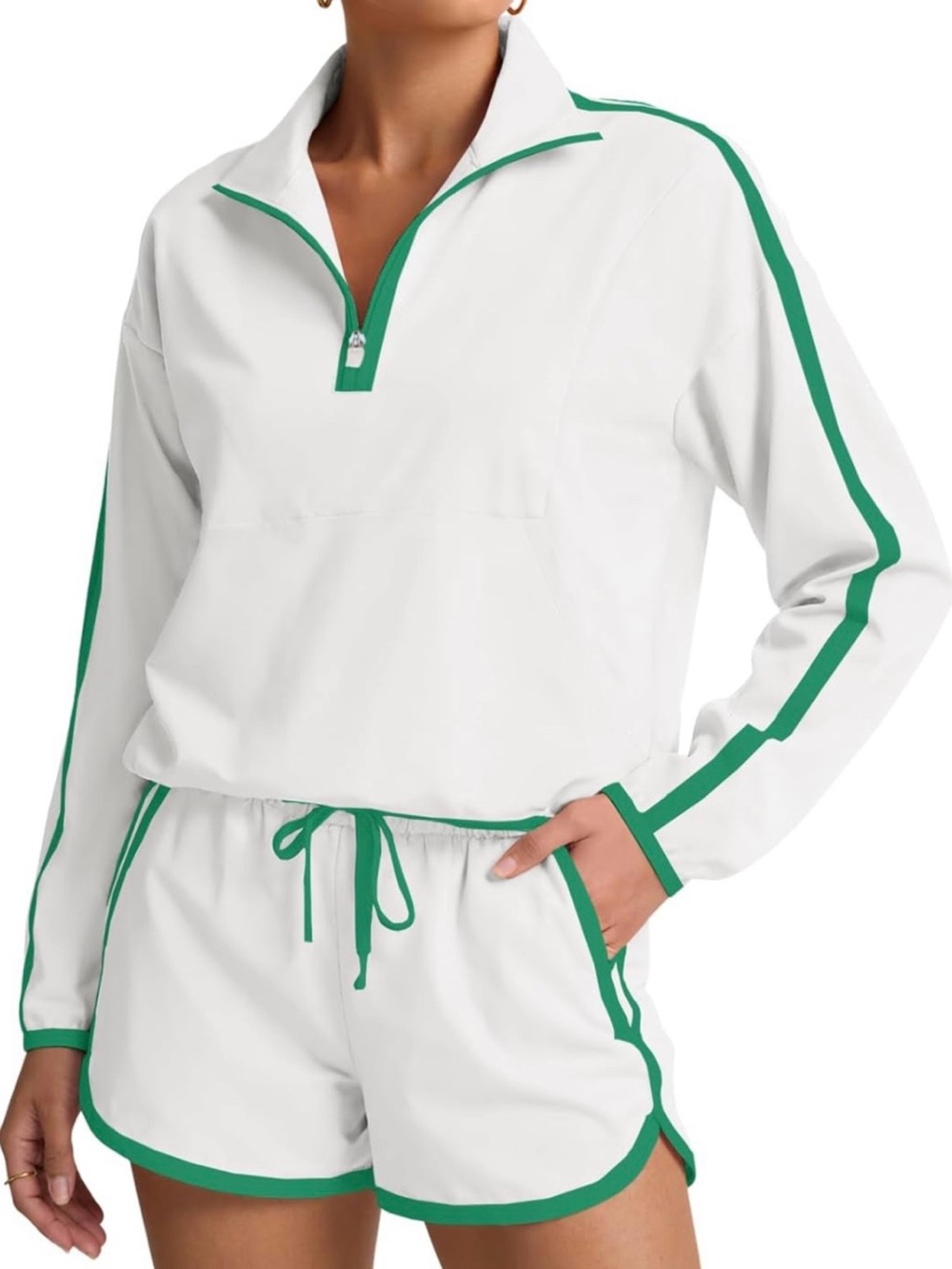 Amazon Women’s White and Green Trim Lounge Set - Long Sleeve Pullover & Shorts